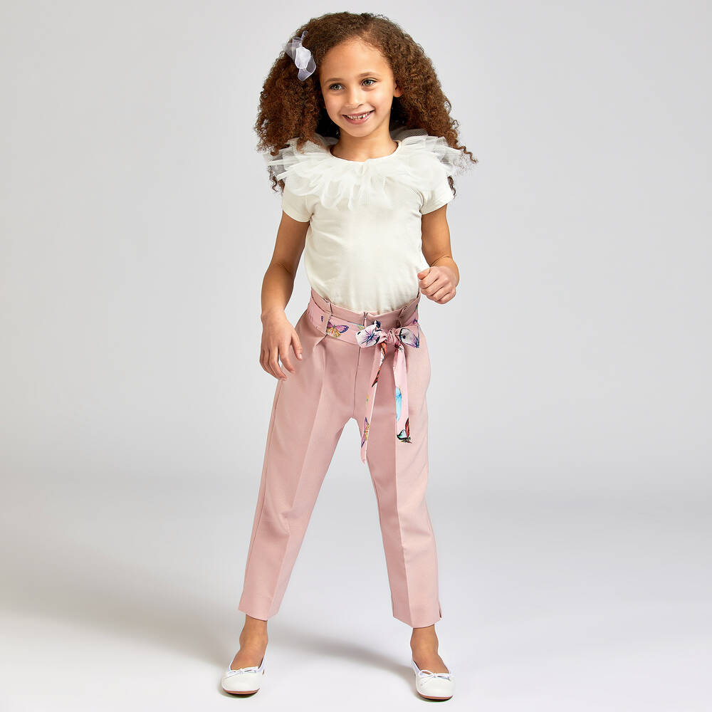 Childrensalon Occasions-Girls Pink Viscose Trousers & Butterfly Belt | Childrensalon Outlet