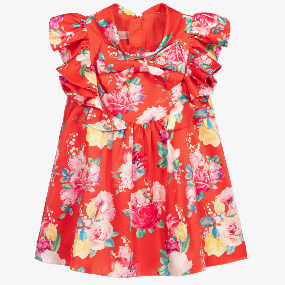 Childrensalon Occasions - Robe fleurie rouge en satin pour fille | Childrensalon