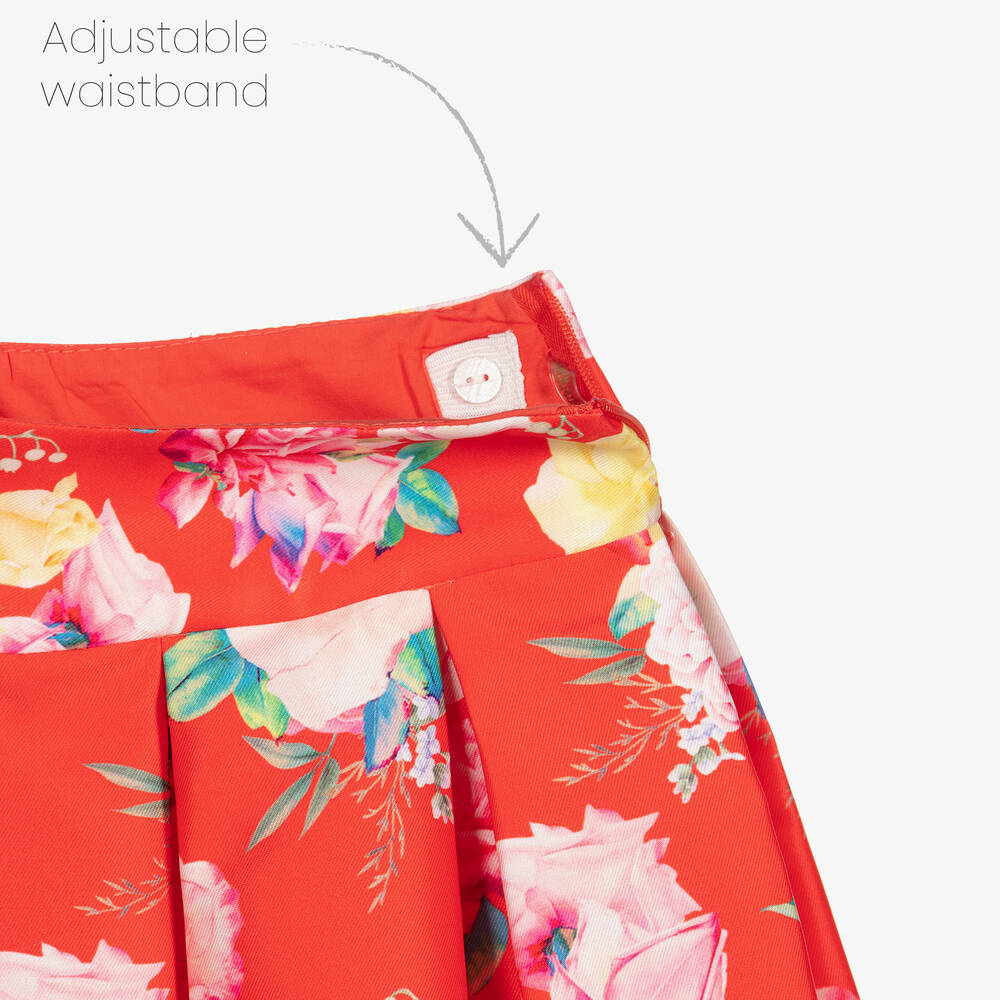 تشلدرن صالون-تنورة بكسرات ساتان لون أحمر مزينة بورود | Childrensalon Outlet