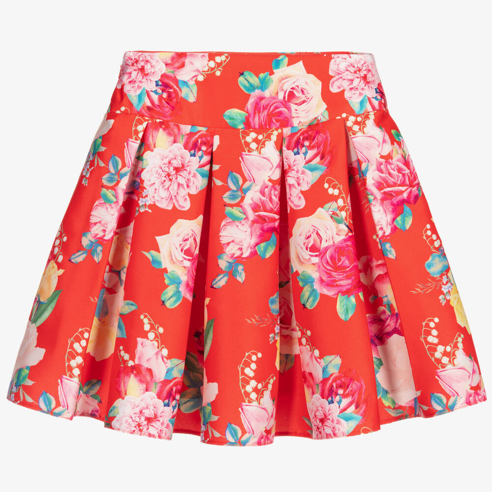 تشلدرن صالون-تنورة بكسرات ساتان لون أحمر مزينة بورود | Childrensalon Outlet