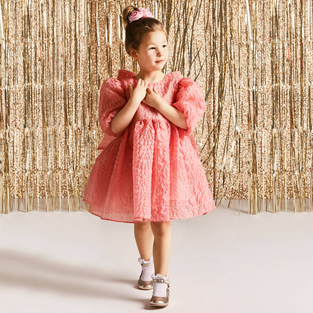 Childrensalon Occasions-فستان وردي للبنات مع فيونكة من قماش الكلوك | Childrensalon Outlet
