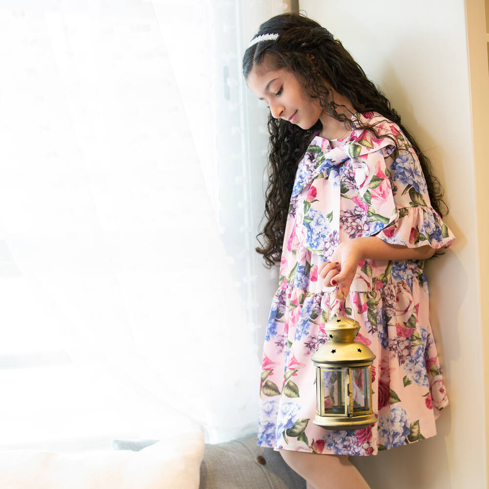 Childrensalon Occasions-فستان كريب وردي للبنات بنقشة الهيدرانجيا | Childrensalon Outlet