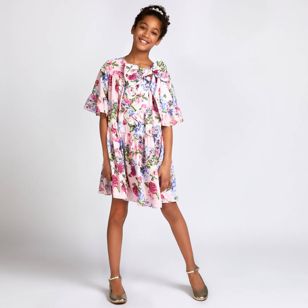 Childrensalon Occasions-فستان كريب وردي للبنات بنقشة الهيدرانجيا | Childrensalon Outlet