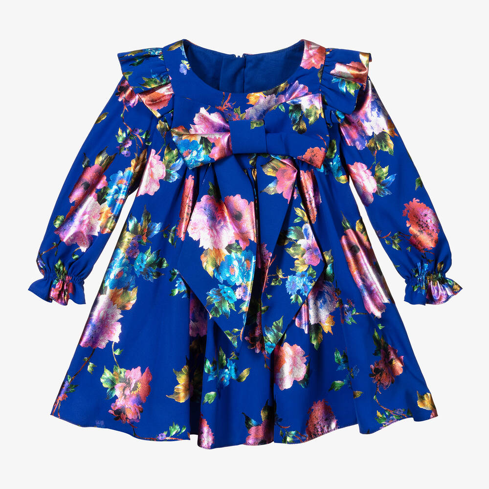Childrensalon Occasions - Синее платье из крепа с цветами для девочек | Childrensalon
