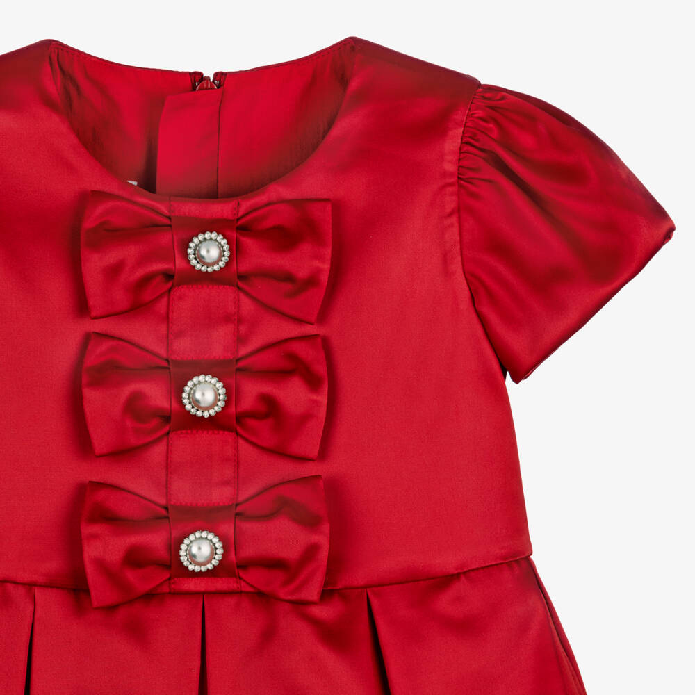 Childrensalon Occasions-فستان ساتان أحمر لؤلؤي للبنات | Childrensalon Outlet
