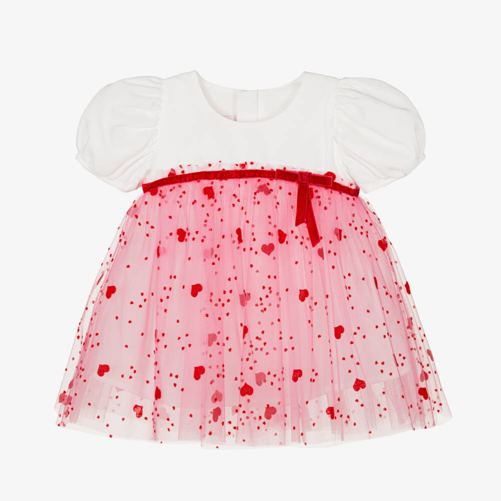 Childrensalon Occasions-فستان ساتان وتول وردي للبنات مزين بقلوب | Childrensalon Outlet