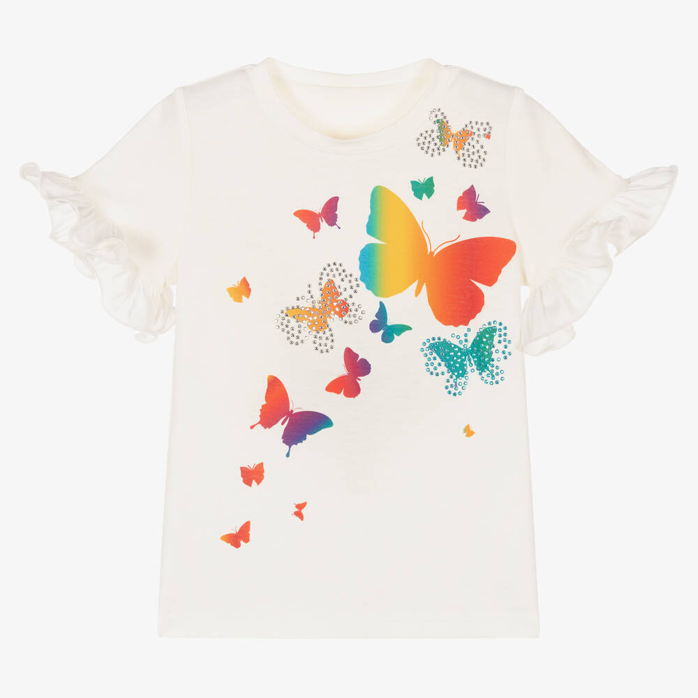 Childrensalon Occasions - T-shirt blanc en coton à papillons fille | Childrensalon