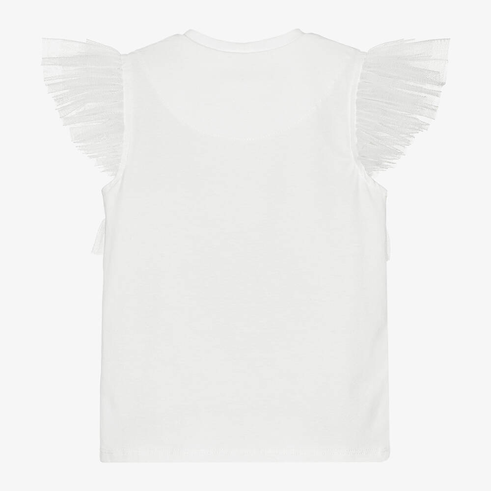 Childrensalon Occasions-Белая хлопковая футболка с рюшами из тюля | Childrensalon Outlet