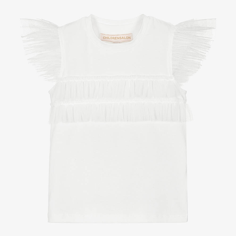 Childrensalon Occasions-Girls White Cotton & Tulle Frill T-Shirt | Childrensalon Outlet