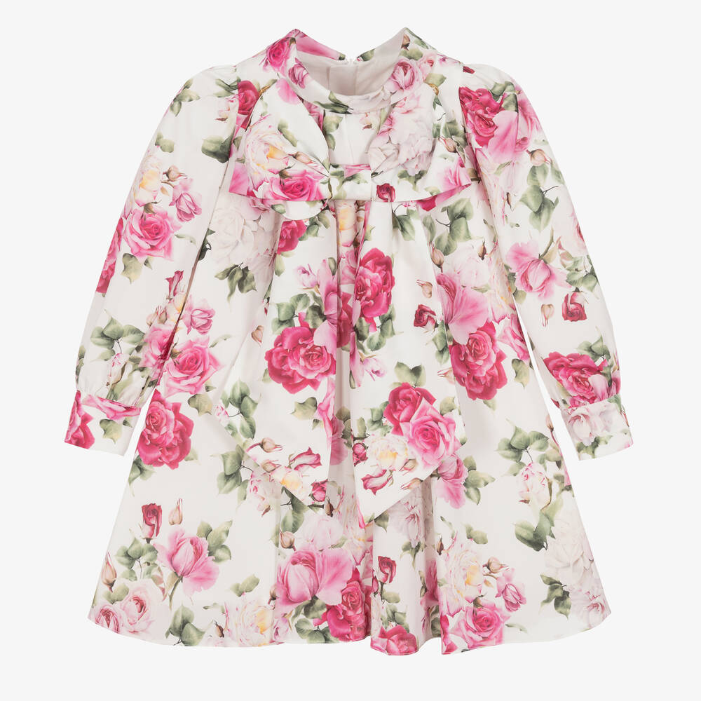 Childrensalon Occasions - Robe fleurie rose et blanche en crêpe à noeud fille | Childrensalon