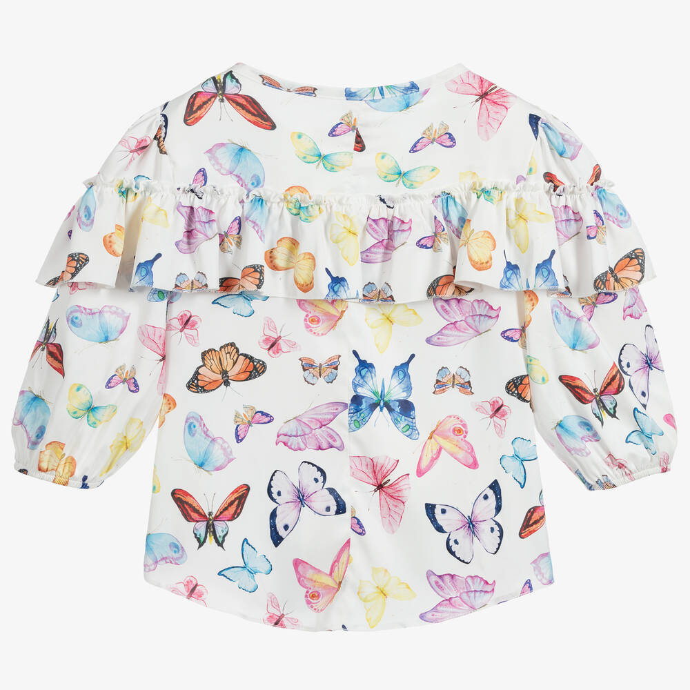 Childrensalon Occasions-Белая атласная блузка с бабочками для девочек | Childrensalon Outlet