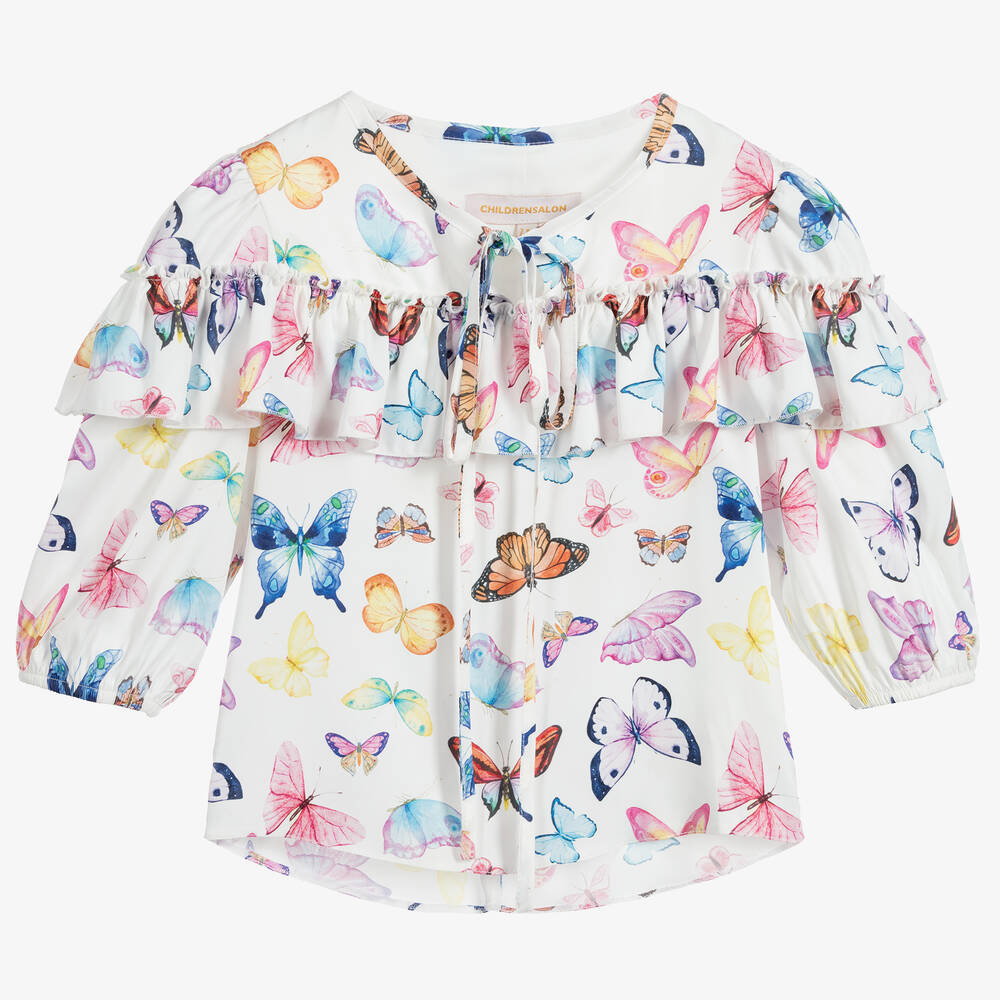 Childrensalon Occasions - Белая атласная блузка с бабочками для девочек | Childrensalon