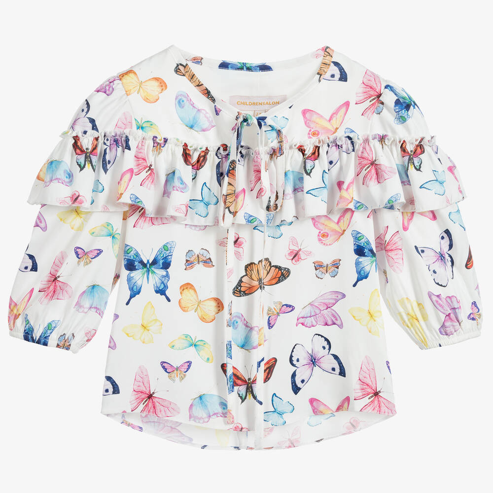 Childrensalon Occasions - Blouse blanche en satin papillon fille | Childrensalon