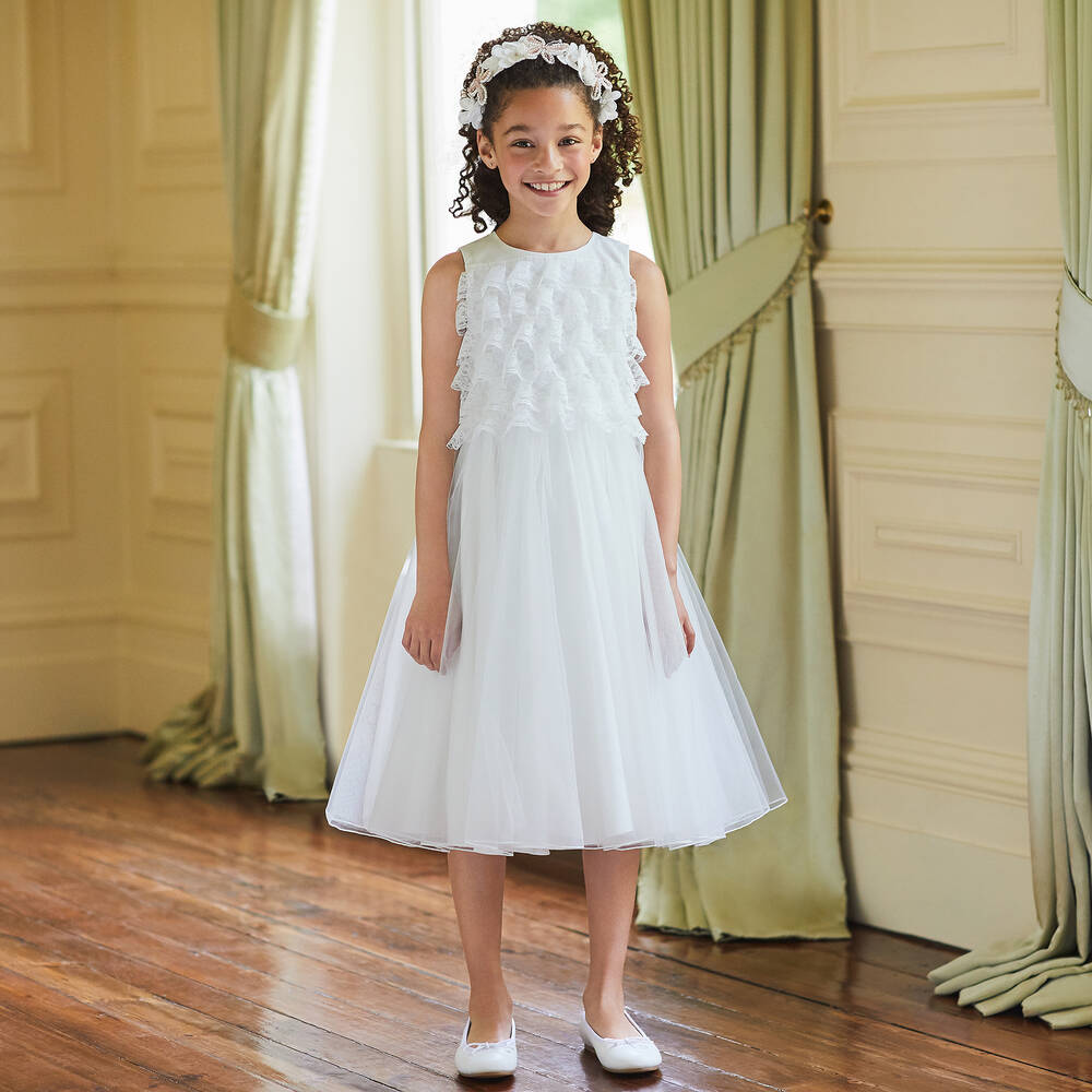 Childrensalon Occasions-Girls White Satin Lace & Tulle Dress | Childrensalon Outlet