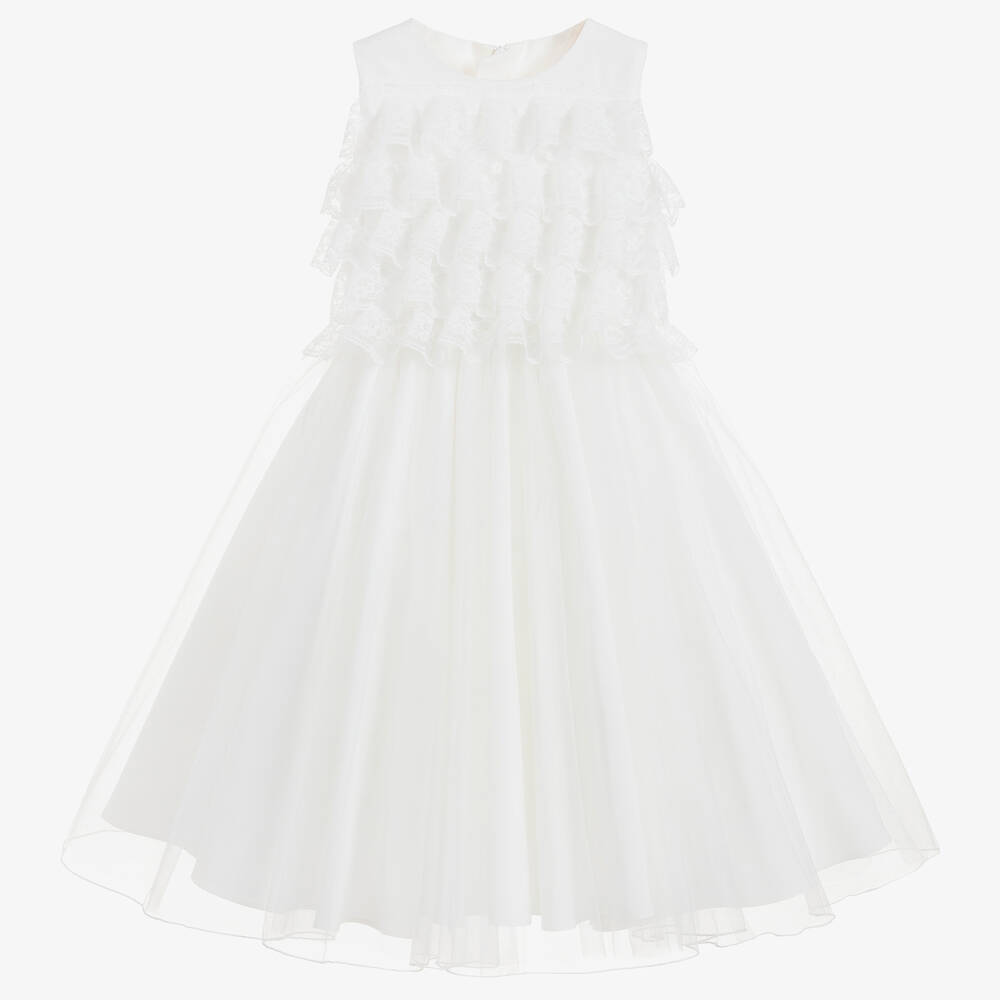 Childrensalon Occasions - Белое атласное платье из кружева и тюля для девочек | Childrensalon