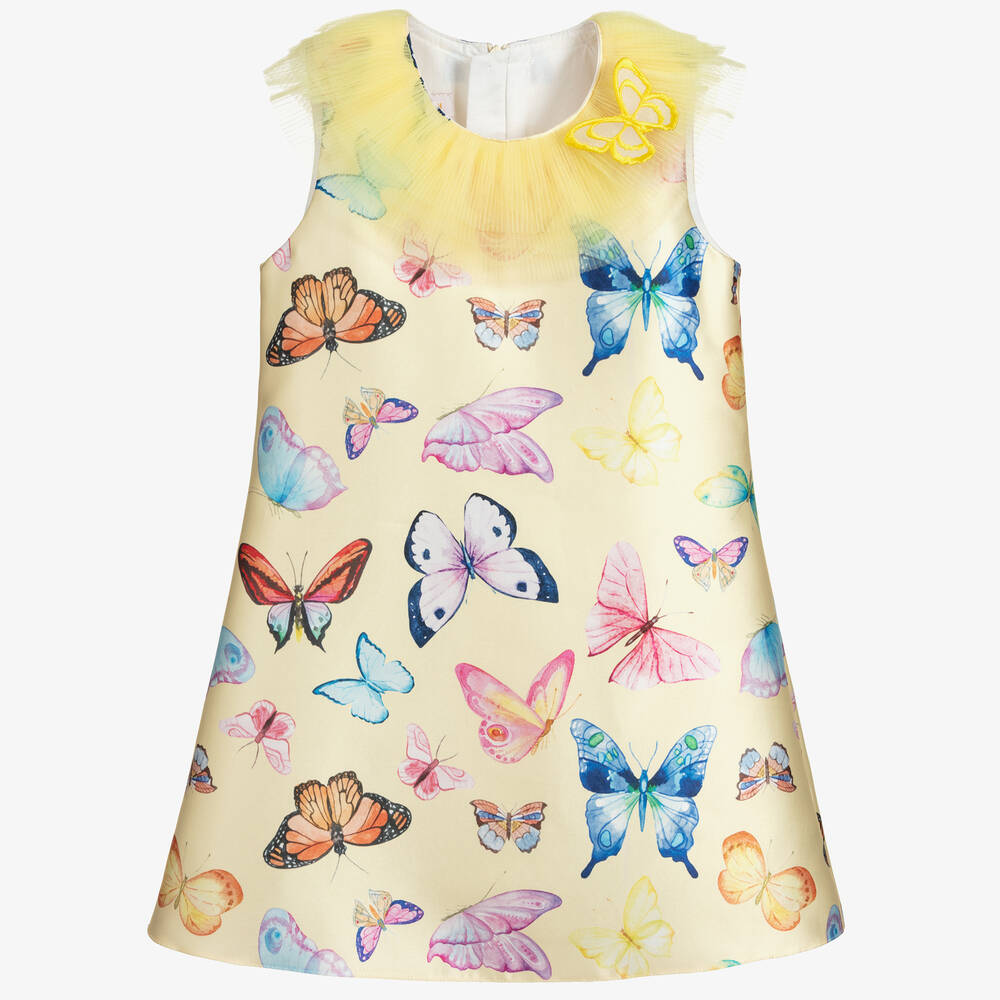 Childrensalon Occasions - Robe jaune en satin à papillons fille | Childrensalon