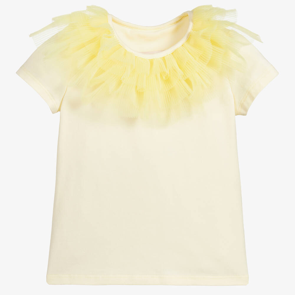 Childrensalon Occasions - Желтая футболка с воротником из тюля для девочек | Childrensalon