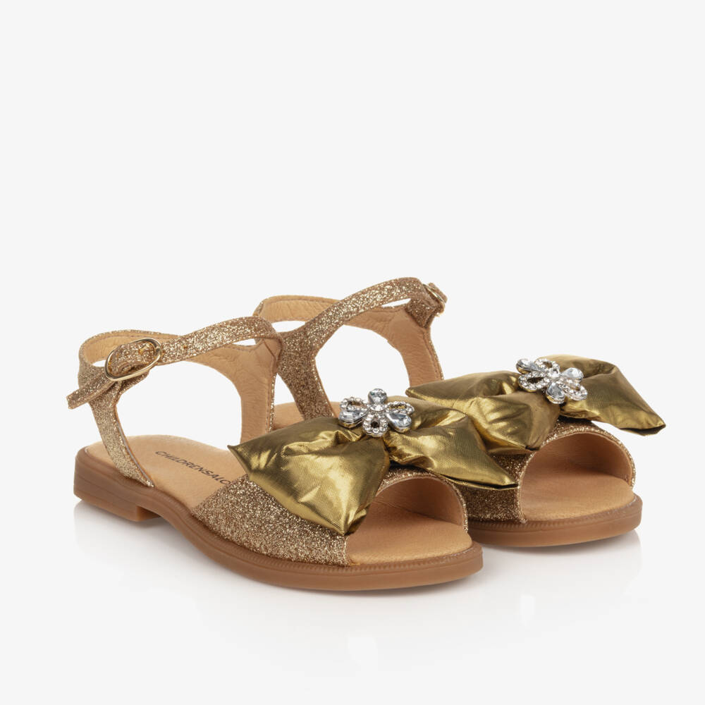 Childrensalon Occasions-صنادل ساتان ذهبية لامعة مع فيونكة | Childrensalon Outlet