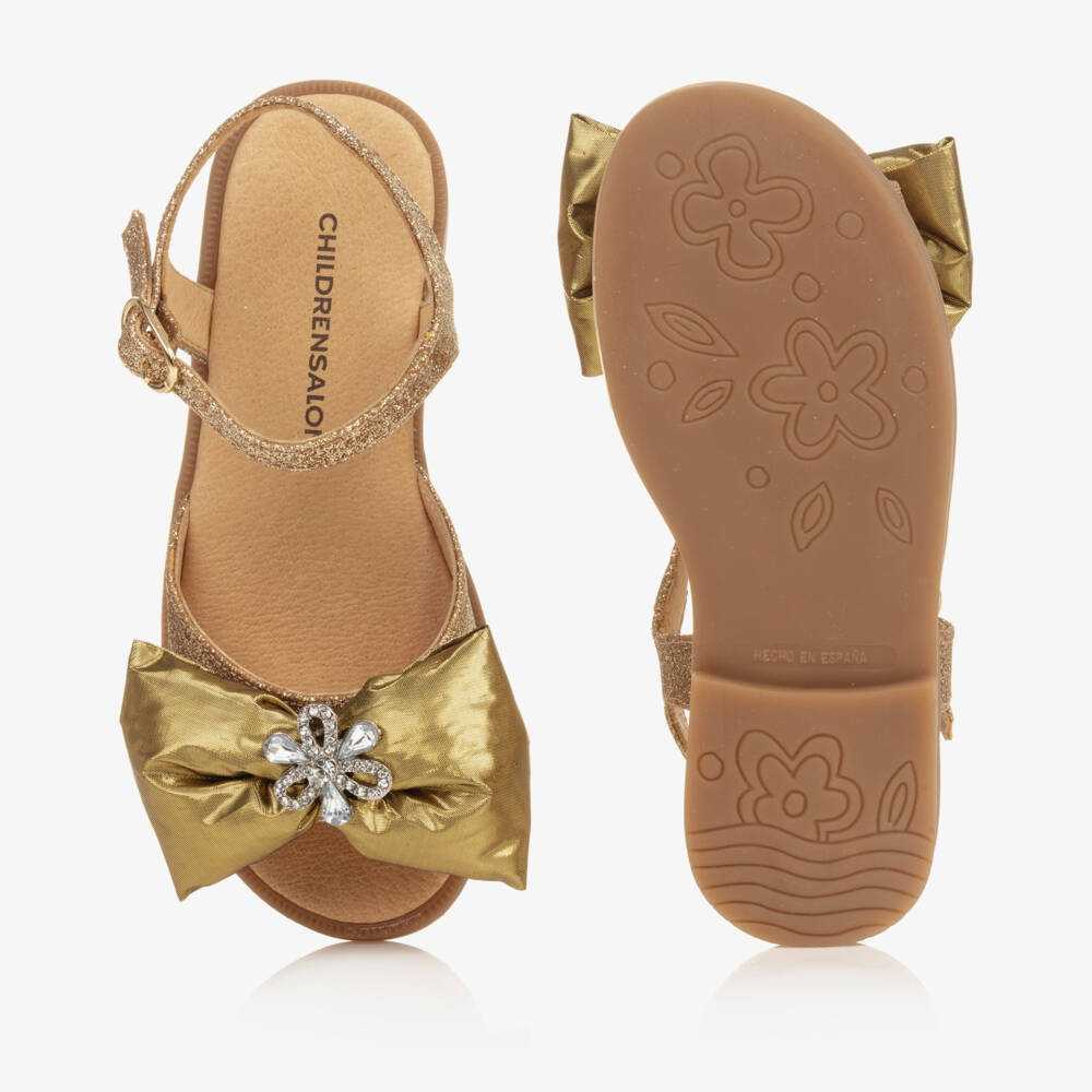 Childrensalon Occasions-صنادل ساتان ذهبية لامعة مع فيونكة | Childrensalon Outlet