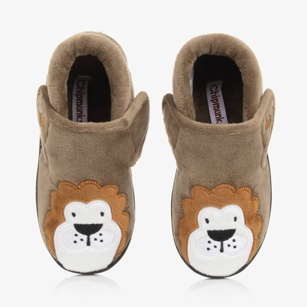 Chipmunks-Dark Beige Velcro Lion Slippers | Childrensalon Outlet