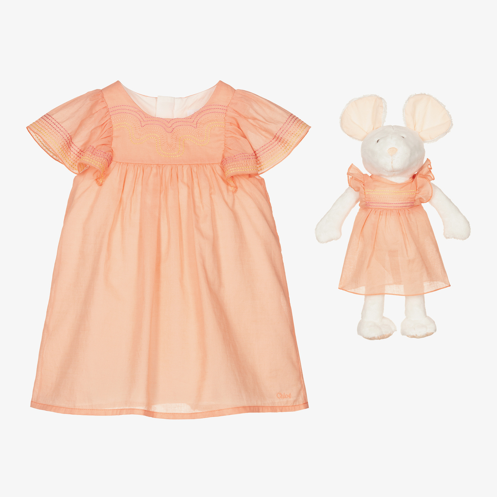 Chloé - طقم هدية فستان قطن لون برتقالي مرجاني للمولودات | Childrensalon