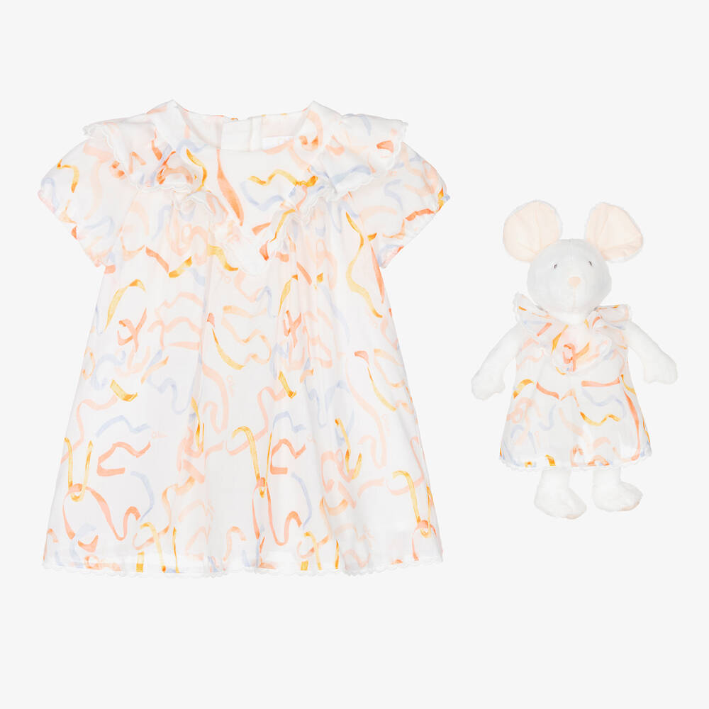 Chloé - طقم هدية فستان قطن ولعبة لون عاجي للمولودات | Childrensalon