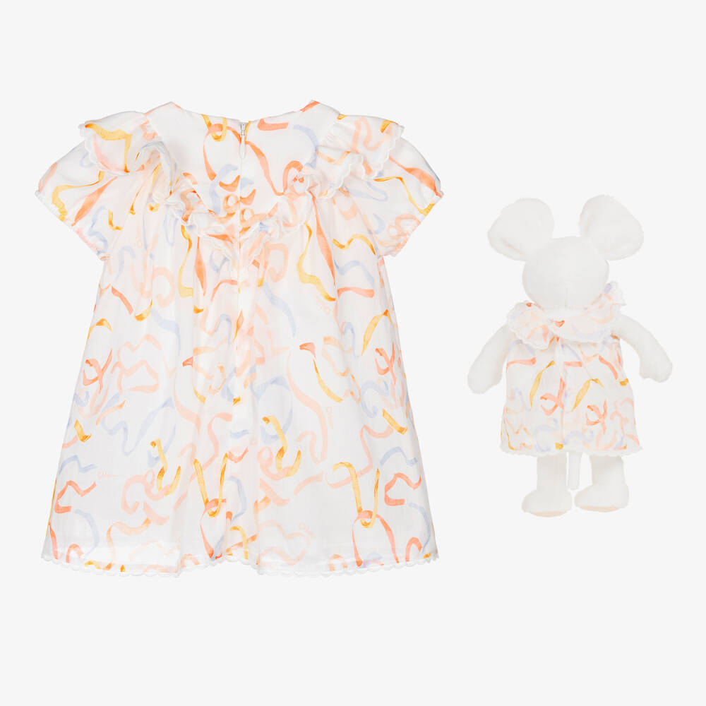 Chloé-طقم هدية فستان قطن ولعبة لون عاجي للمولودات | Childrensalon Outlet
