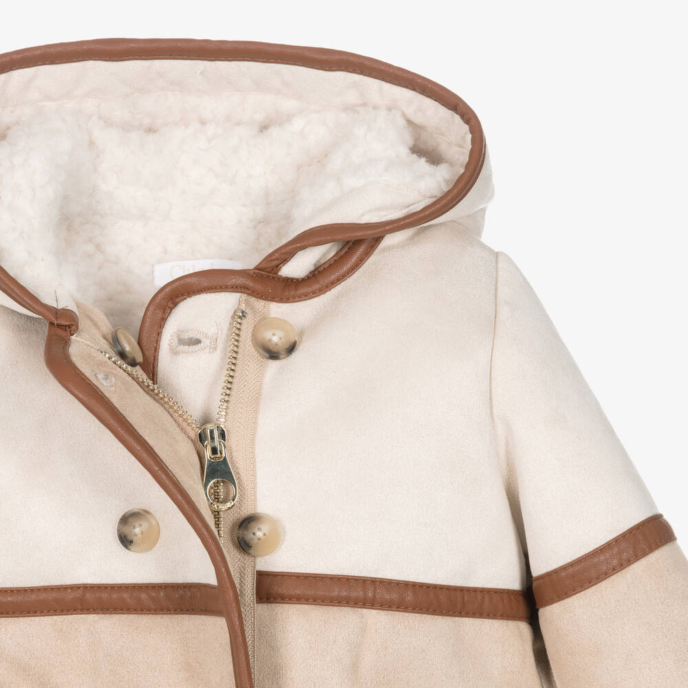 Chloe Baby Girls Beige Hooded Suede Coat