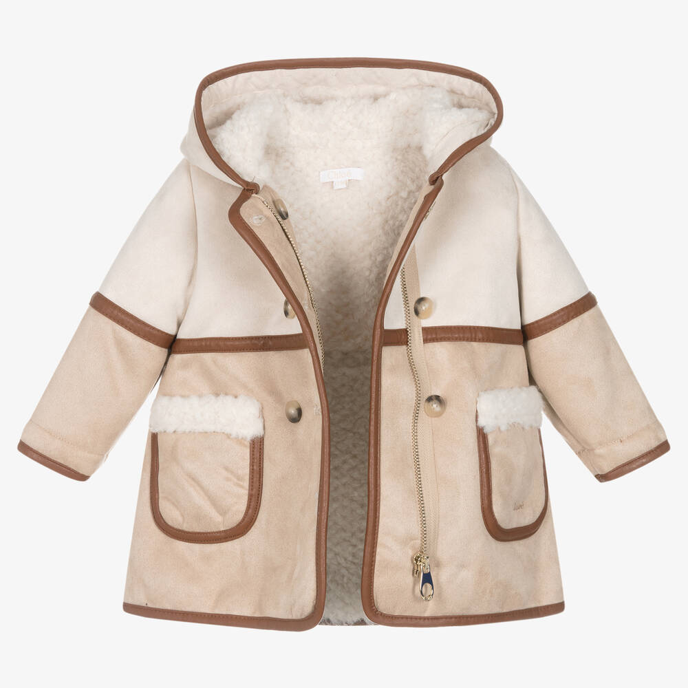 Chloé-معطف هودي جلد شامواه لون بيج أطفال بناتي | Childrensalon Outlet