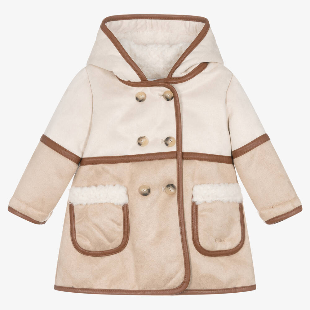 Chloé - Manteau à capuche beige en daim | Childrensalon