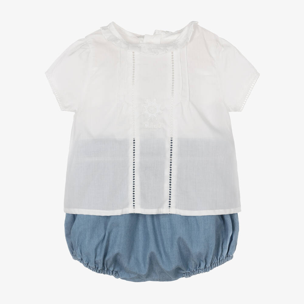 Chloé-هدية طقم شورت قطن لون أزرق وأبيض للمولودات | Childrensalon Outlet