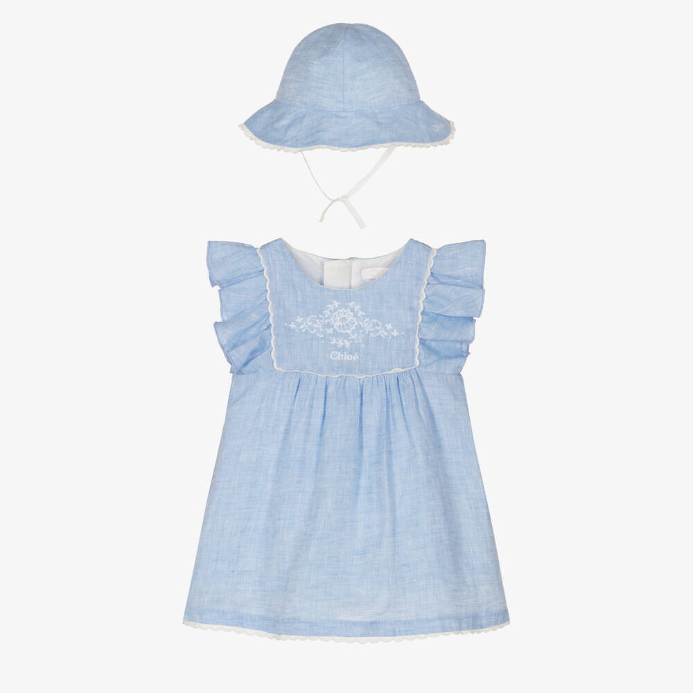 Chloé - Голубое платье и шапочка из льняного шамбре | Childrensalon
