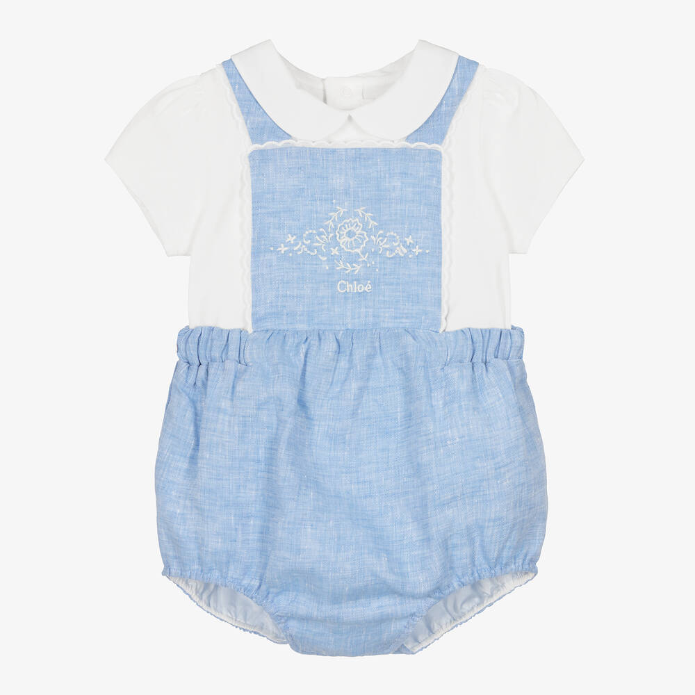 Chloé - Blaues Baby-Leinen-Latzhosen-Set | Childrensalon