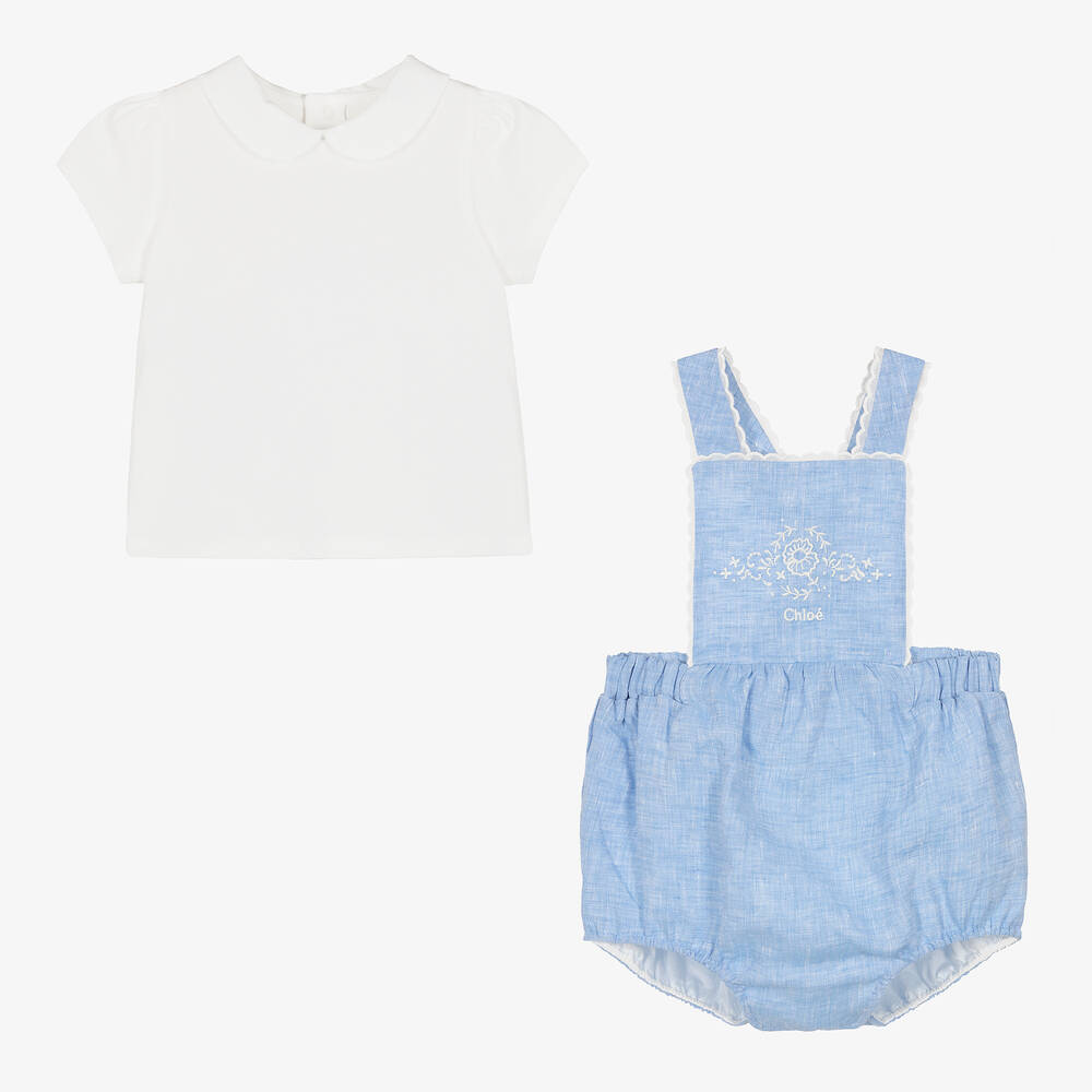 Chloé-Baby Girls Blue Linen Dungarees Set | Childrensalon Outlet