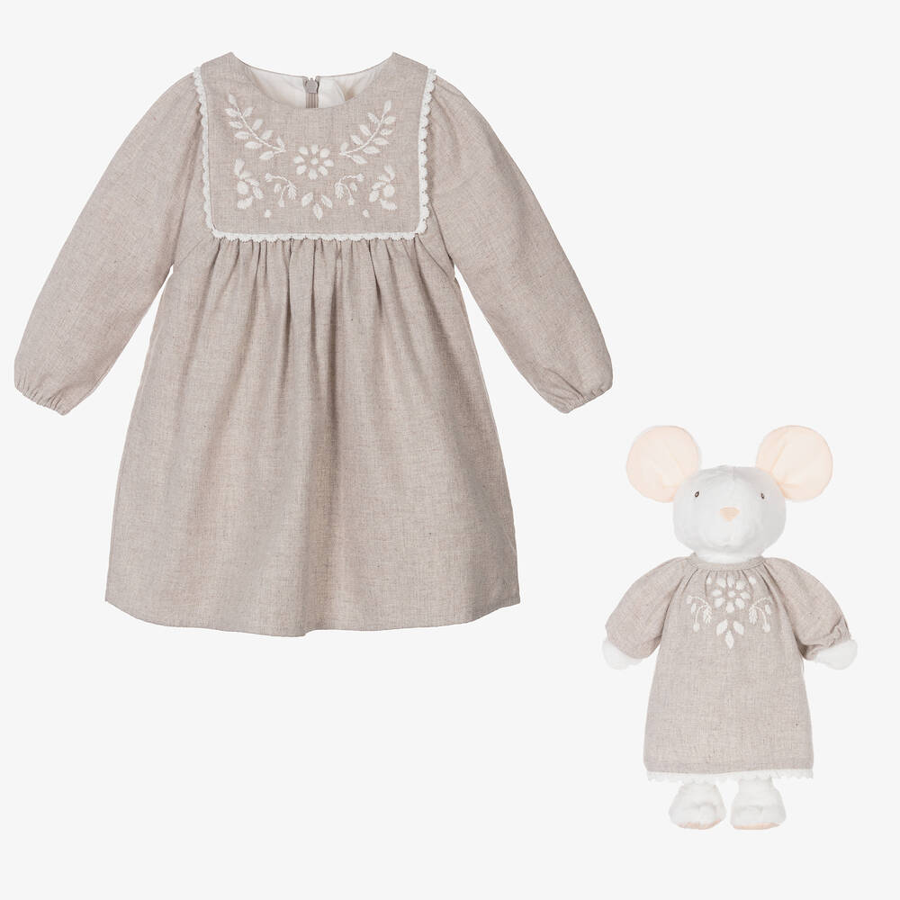 Chloé - طقم هدية فستان ولعبة قطن عضوي لون رمادي للمولودات | Childrensalon