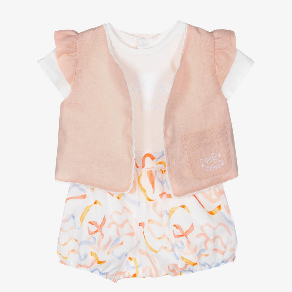 Chloé-طقم شورت قطن لون عاجي وزهري للمولودات | Childrensalon Outlet