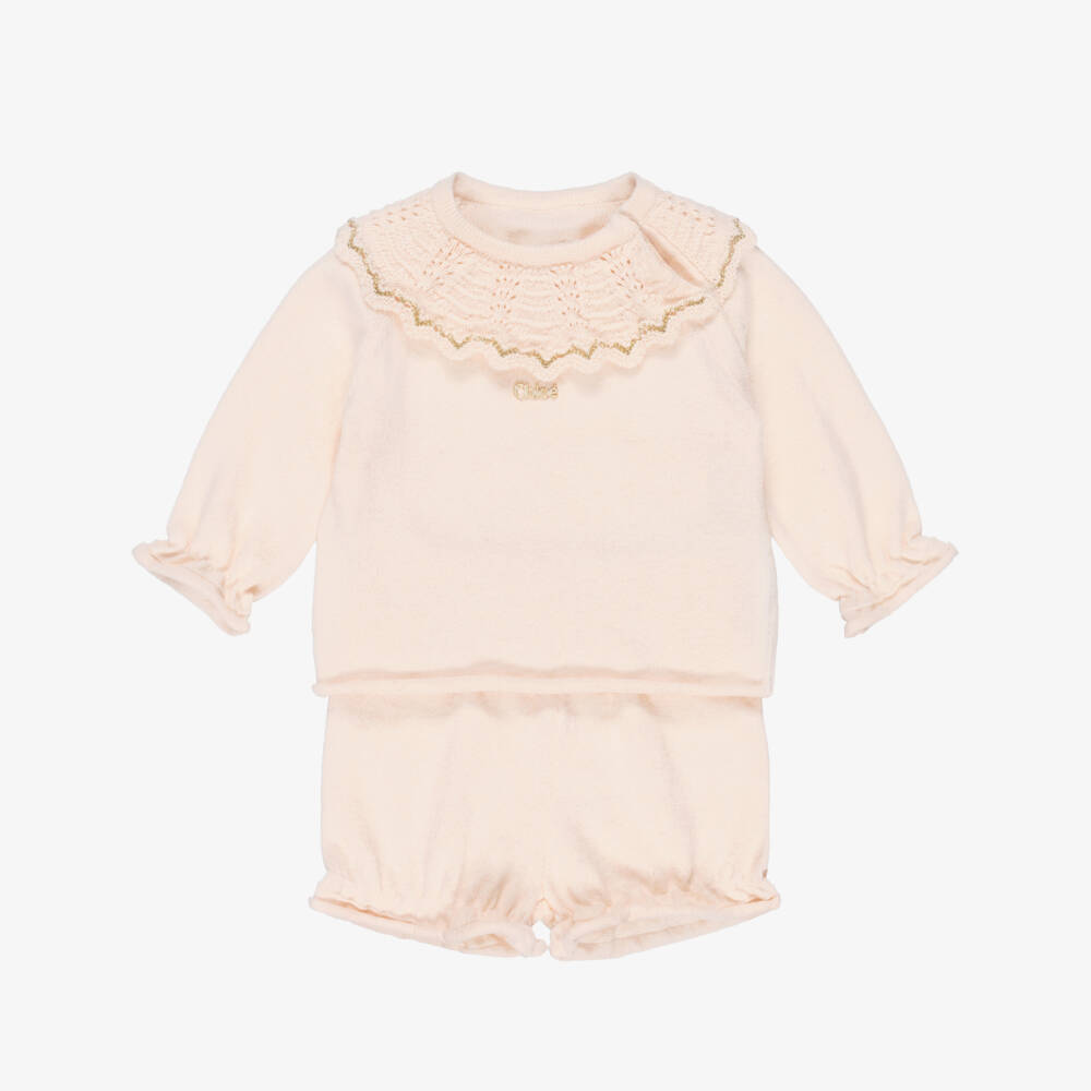 Chloé-Baby Girls Pale Pink Cotton & Cashmere Shorts Set | Childrensalon Outlet
