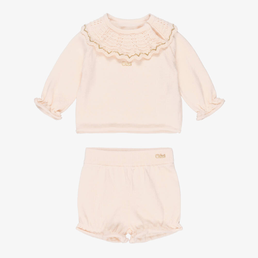Chloé-Baby Girls Pale Pink Cotton & Cashmere Shorts Set | Childrensalon Outlet
