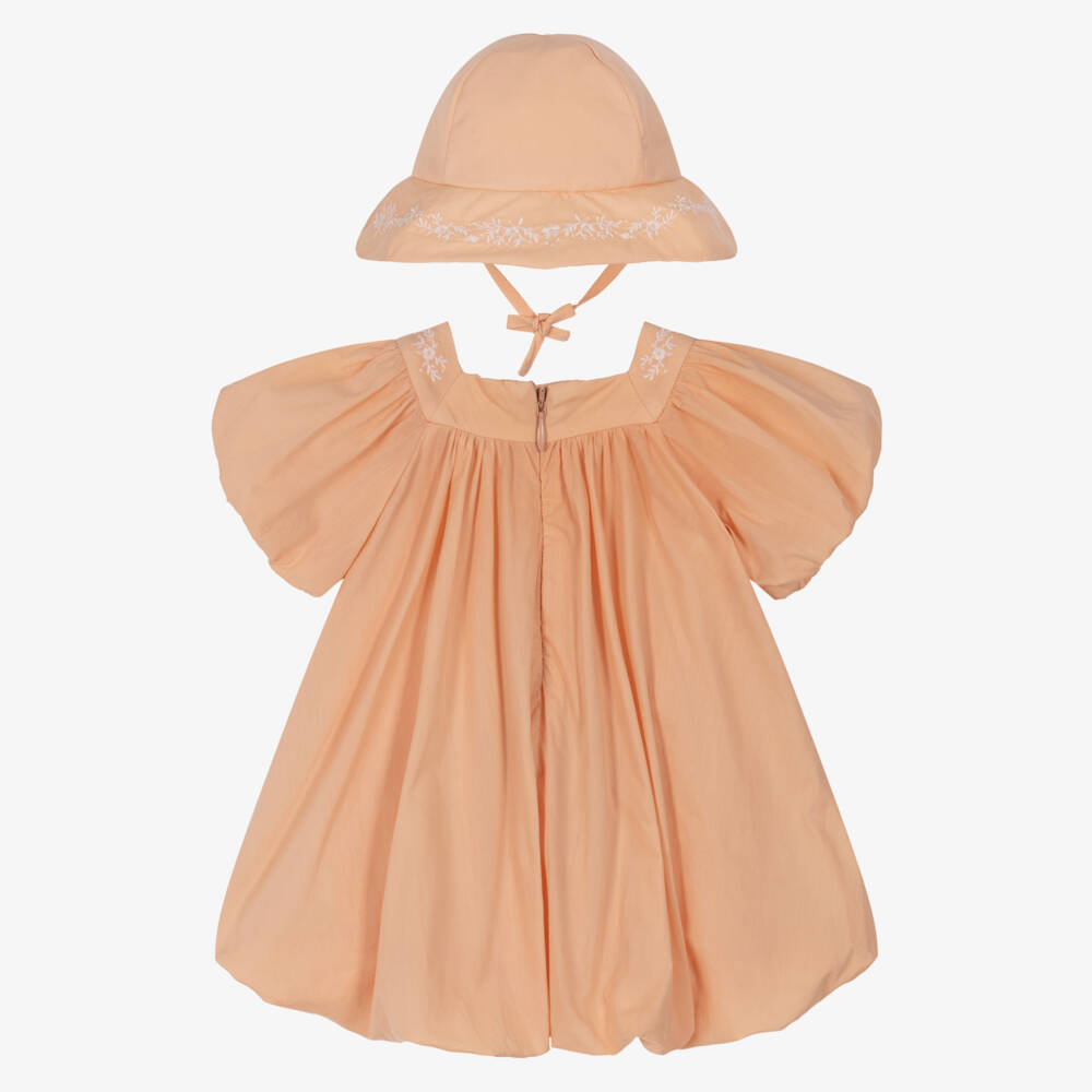 Chloé-Baby Girls Peach Pink Embroidered Cotton Dress & Hat Set | Childrensalon Outlet