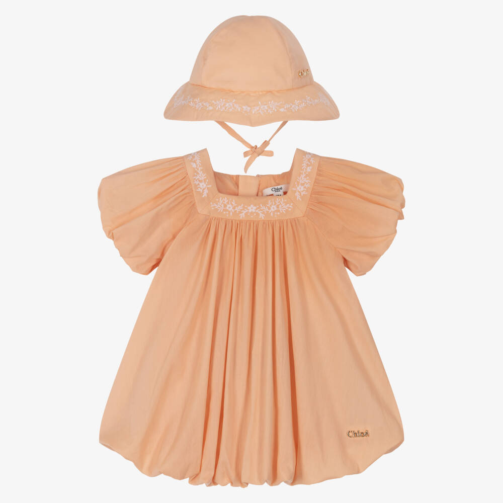 Chloé-Baby Girls Peach Pink Embroidered Cotton Dress & Hat Set | Childrensalon Outlet