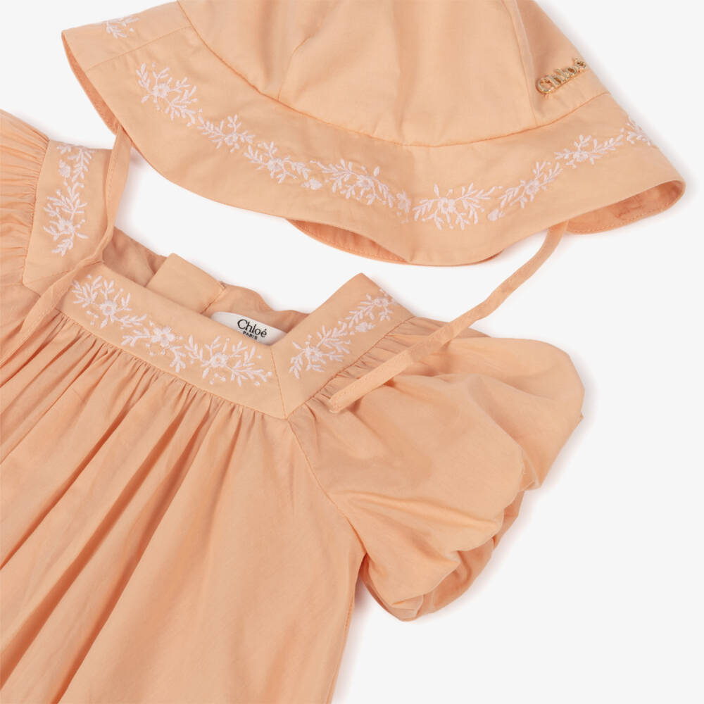Chloé-Baby Girls Peach Pink Embroidered Cotton Dress & Hat Set | Childrensalon Outlet
