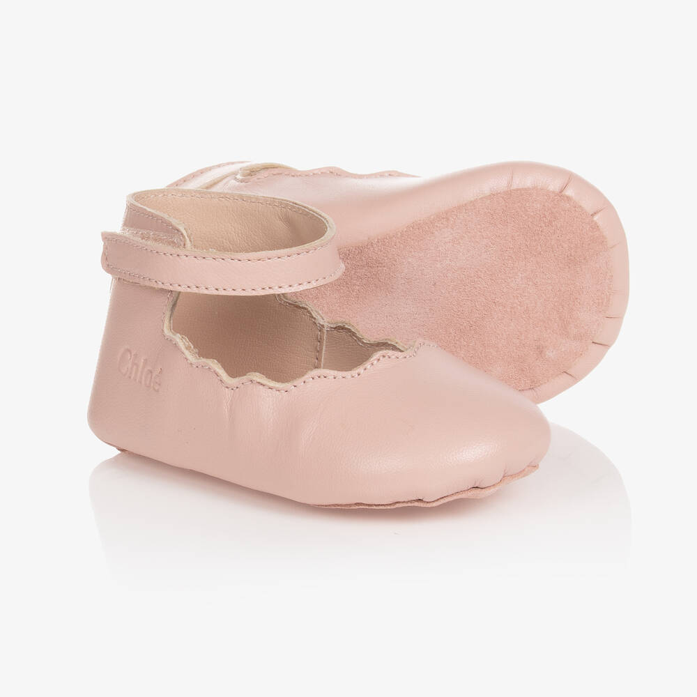 Chloé - Baby Girls Pink Scallop Leather Pre-Walkers | Childrensalon