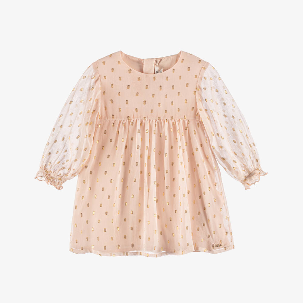 Chloé-Baby Girls Pink Silk Crêpe & Gold Detail Dress | Childrensalon Outlet