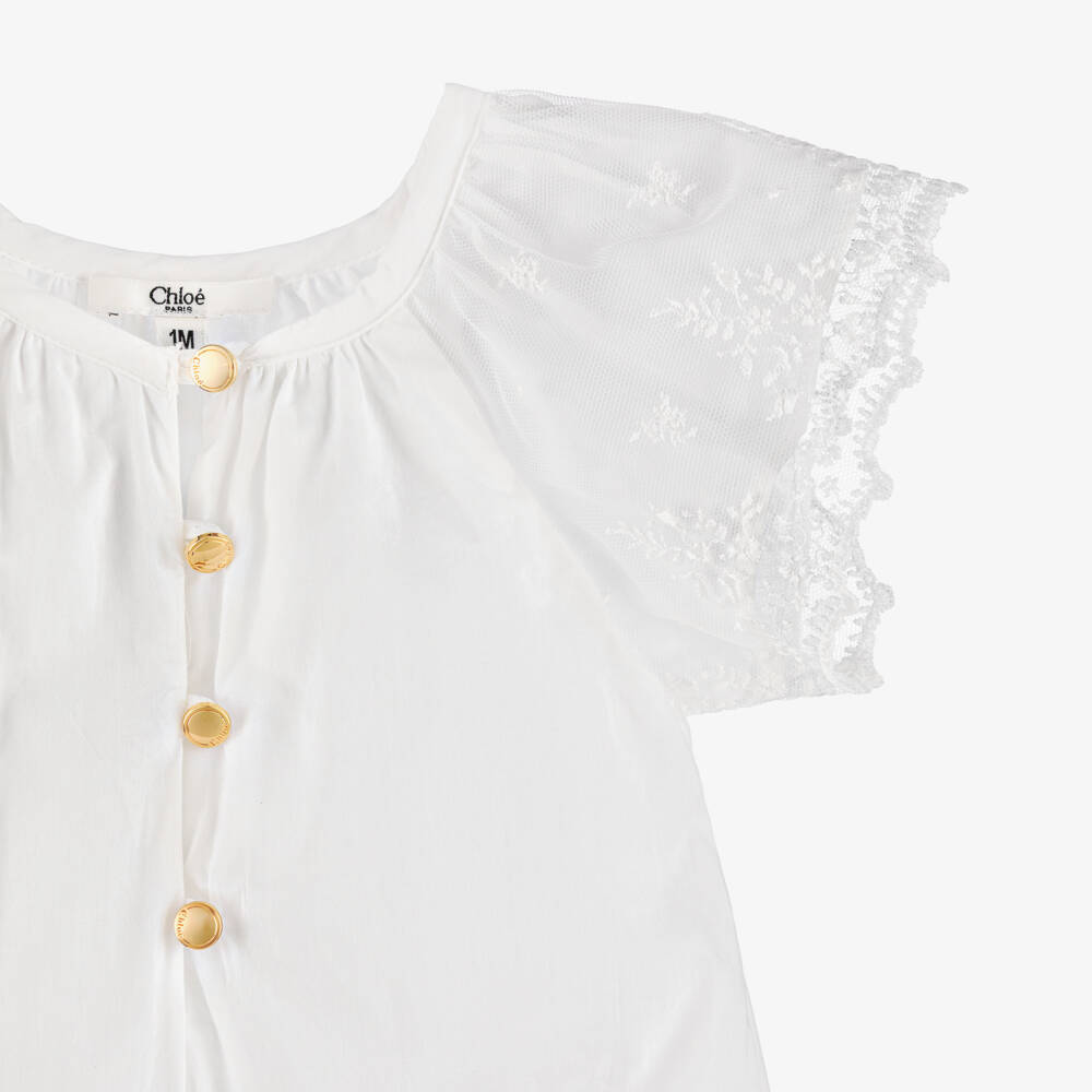 Chloé-Baby Girls White Cotton Lace Sleeve Shortie Set | Childrensalon Outlet