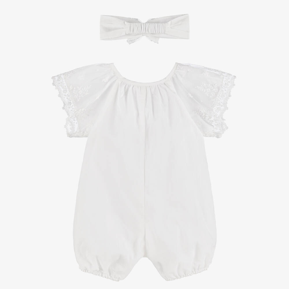 Chloé-Baby Girls White Cotton Lace Sleeve Shortie Set | Childrensalon Outlet