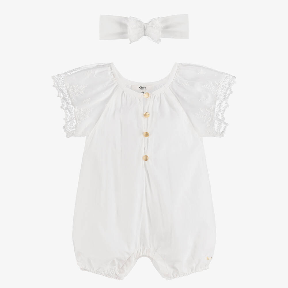 Chloé-Baby Girls White Cotton Lace Sleeve Shortie Set | Childrensalon Outlet