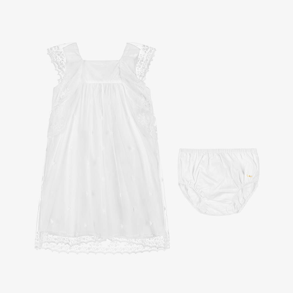 Chloé-Baby Girls White Floral Embroidered Tulle Dress Set | Childrensalon Outlet