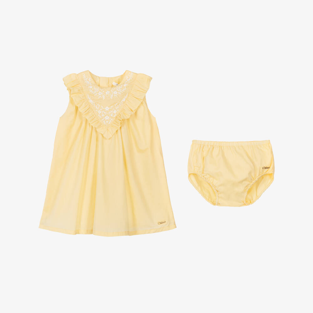 Chloé-Baby Girls Yellow Cotton Embroidered Dress | Childrensalon Outlet
