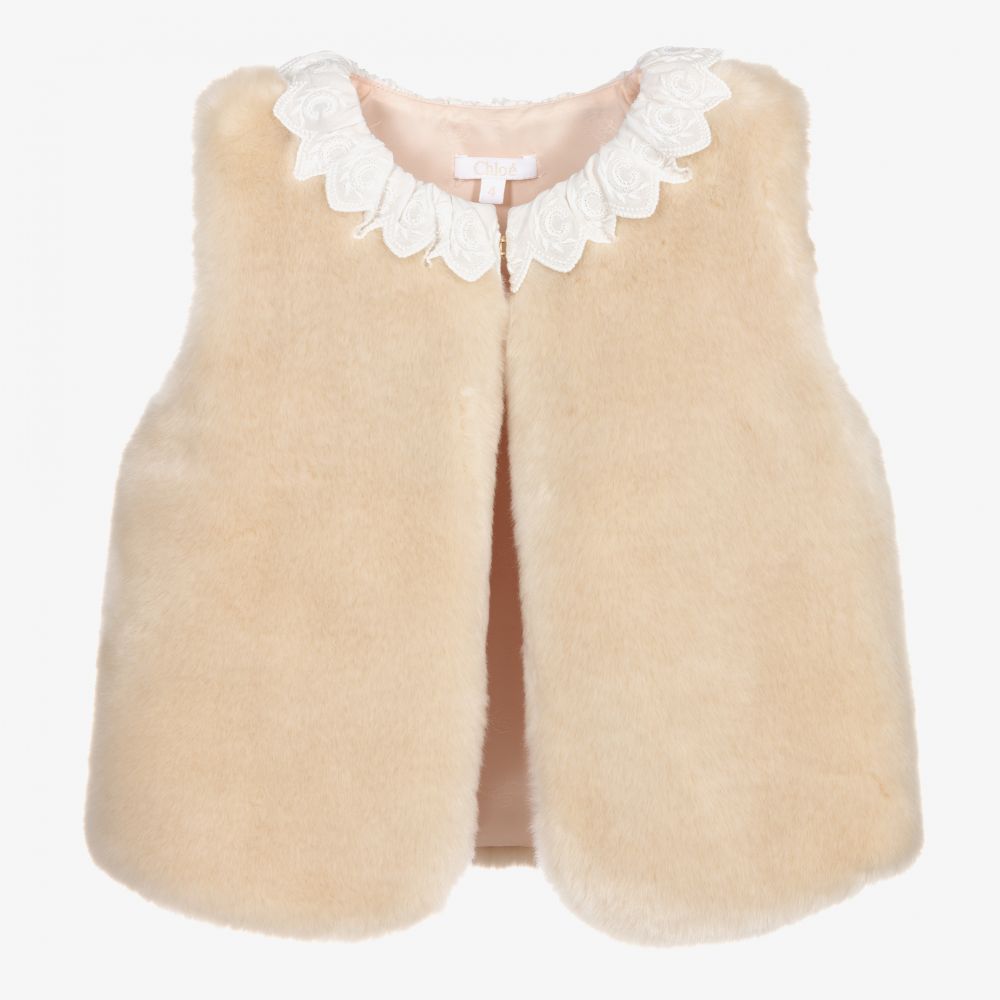 Chloé - Veste sans manches beige en fausse fourrure  | Childrensalon