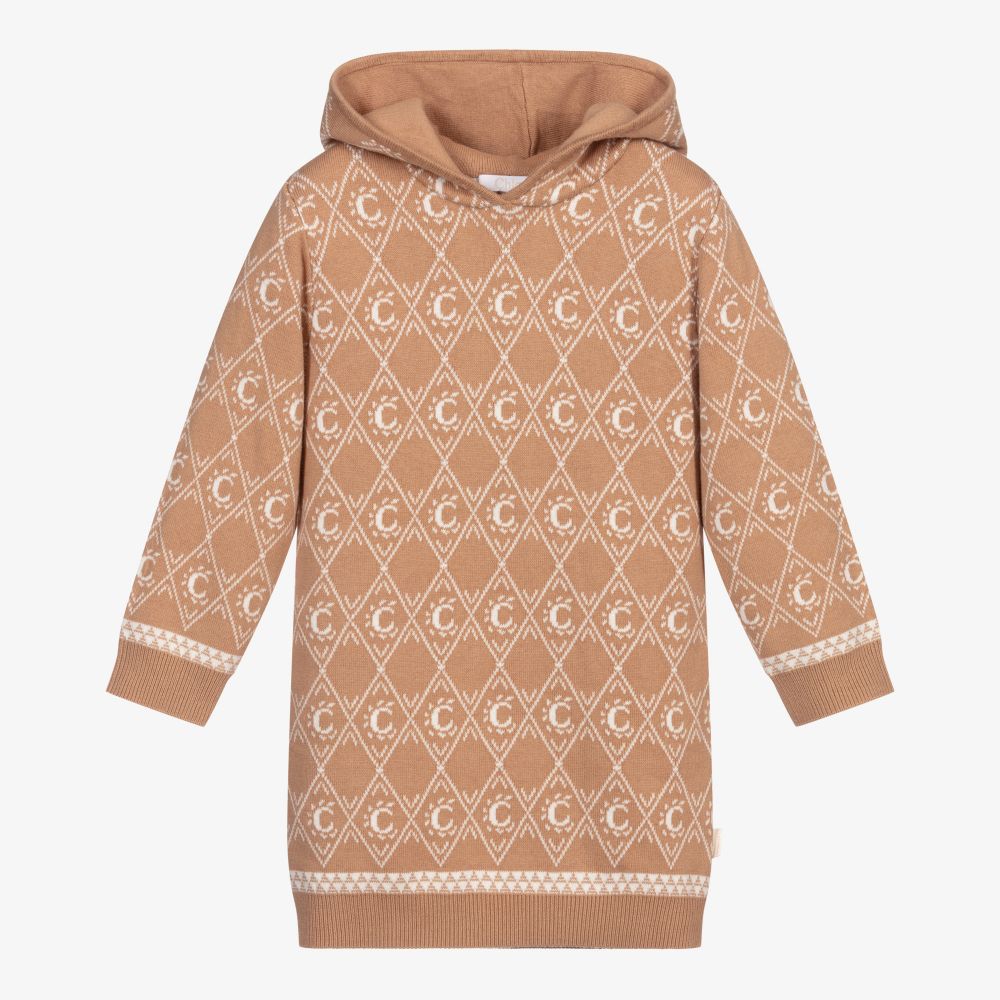 Chloé - Beige Hooded Logo Knit Dress | Childrensalon